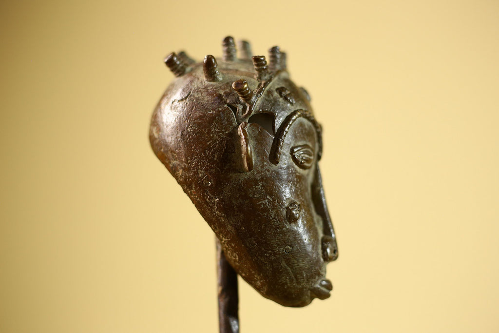 Vintage Benin Kingdom Bronze Mask Head Lost Wax Casting: African Folk Art-G5838