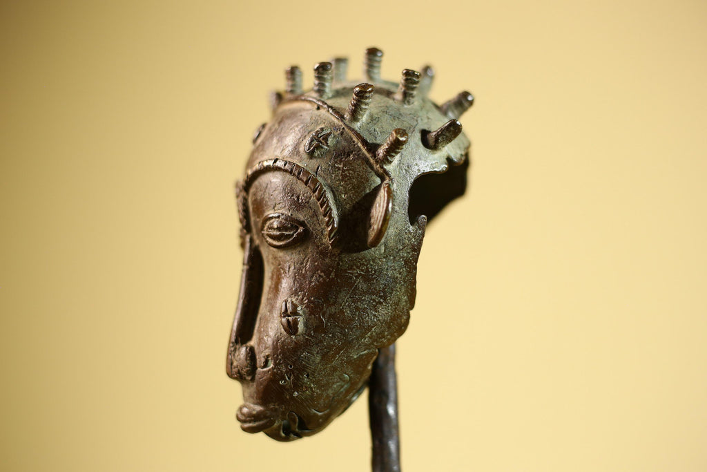 Vintage Benin Kingdom Bronze Mask Head Lost Wax Casting: African Folk Art-G5838