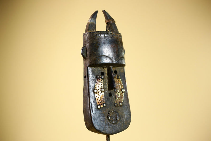 African Senufo Mask Carved Wood Horned Metal Studs Ivory Coast Tribal Art-G5839