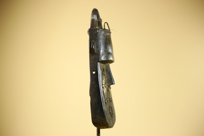 African Senufo Mask Carved Wood Horned Metal Studs Ivory Coast Tribal Art-G5839