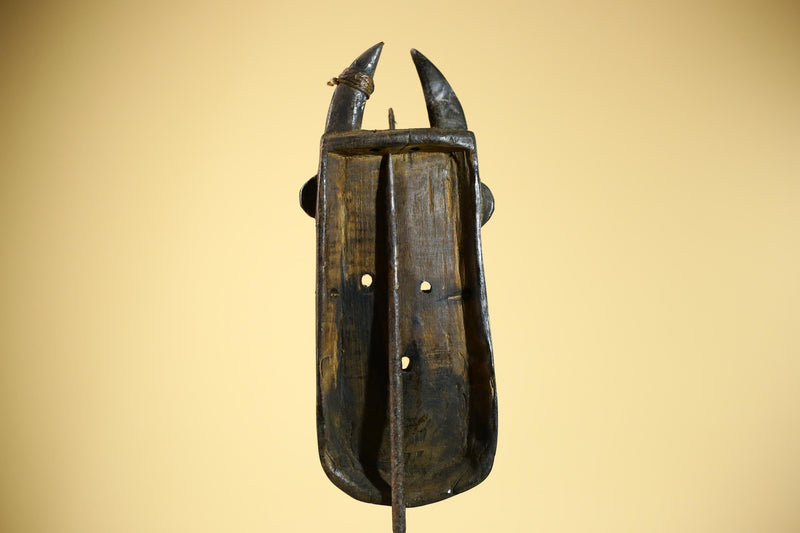 African Senufo Mask Carved Wood Horned Metal Studs Ivory Coast Tribal Art-G5839