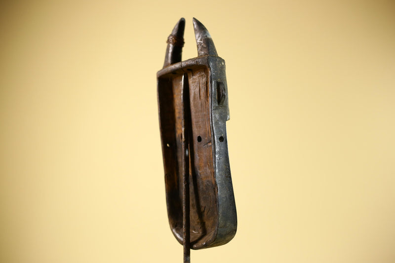 African Senufo Mask Carved Wood Horned Metal Studs Ivory Coast Tribal Art-G5839