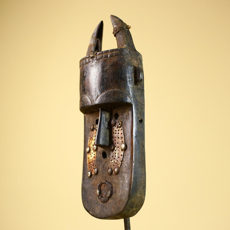 African Senufo Mask Carved Wood Horned Metal Studs Ivory Coast Tribal Art-G5839