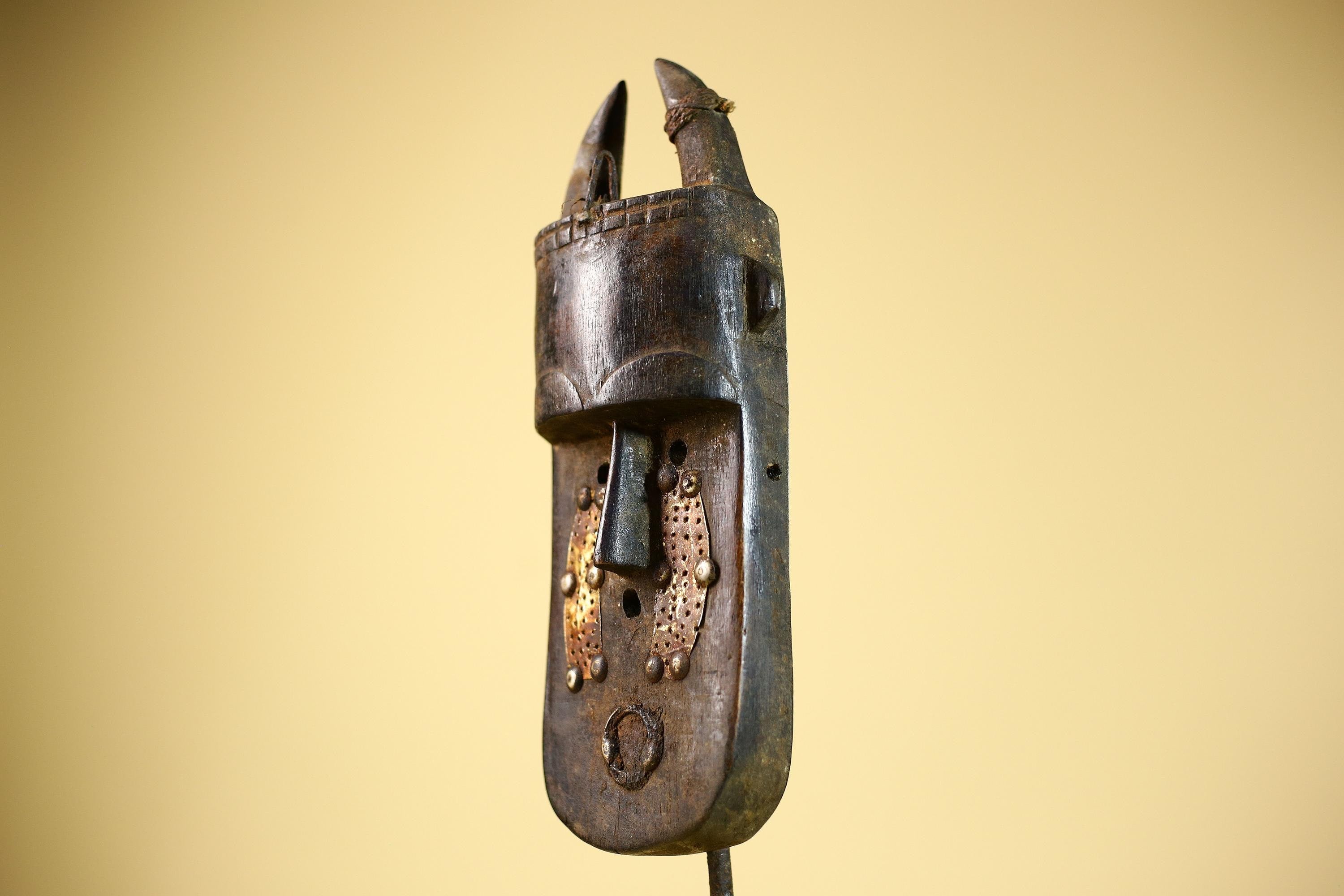 African Senufo Mask Carved Wood Horned Metal Studs Ivory Coast Tribal Art-G5839