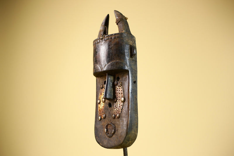 African Senufo Mask Carved Wood Horned Metal Studs Ivory Coast Tribal Art-G5839