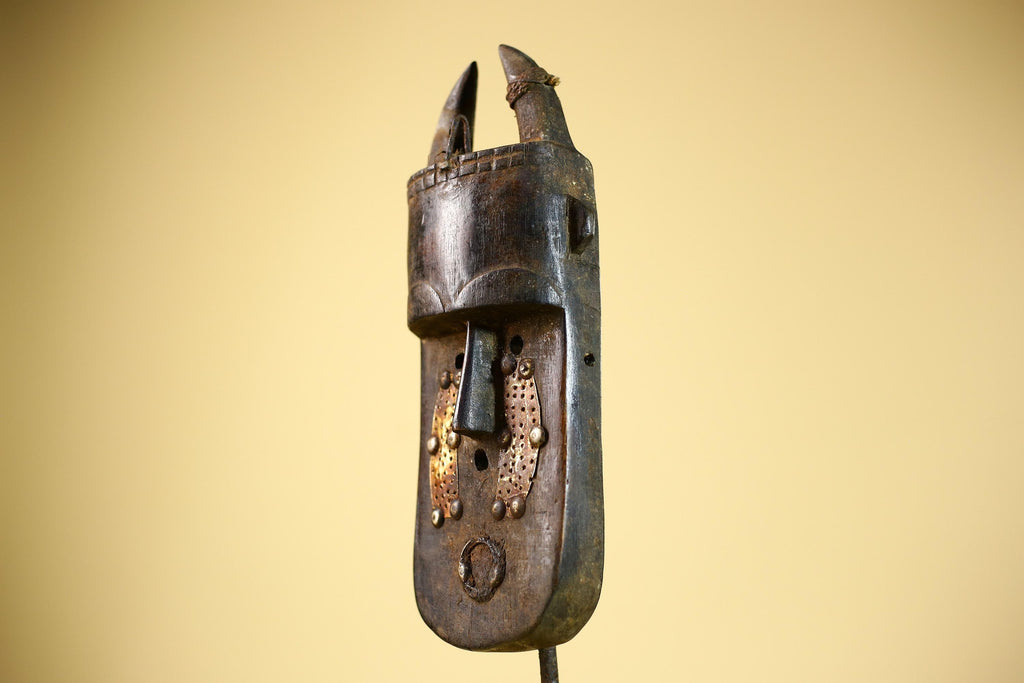 African Senufo Mask Carved Wood Horned Metal Studs Ivory Coast Tribal Art-G5839