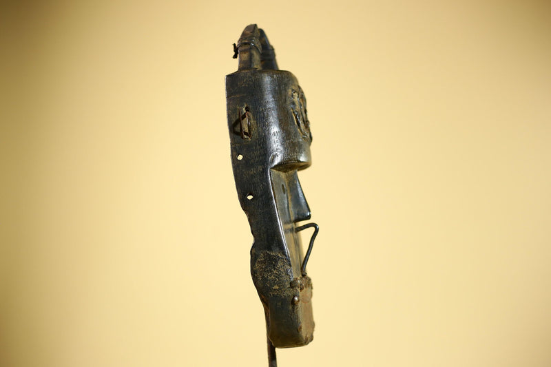 African Senufo Mask Carved Wood Horned Metal Studs Ivory Coast Tribal Art-G5840