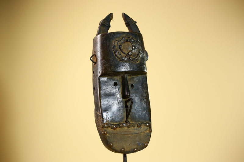African Senufo Mask Carved Wood Horned Metal Studs Ivory Coast Tribal Art-G5840