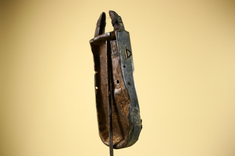 African Senufo Mask Carved Wood Horned Metal Studs Ivory Coast Tribal Art-G5840