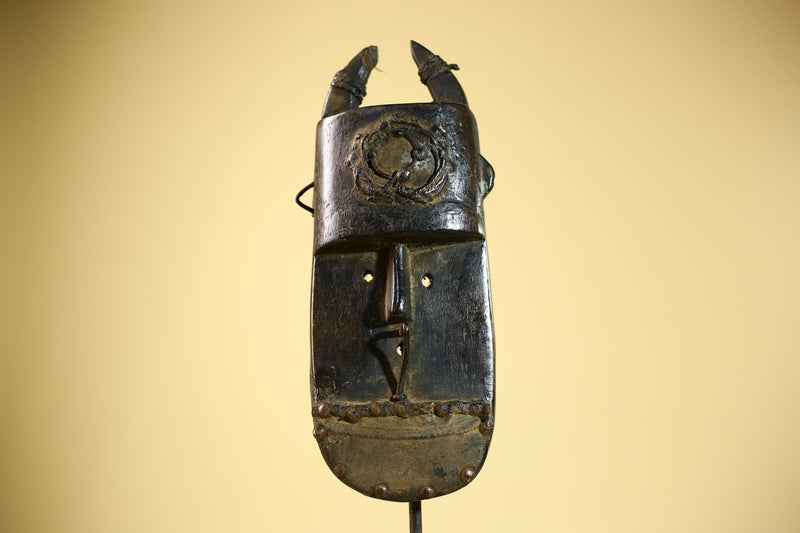African Senufo Mask Carved Wood Horned Metal Studs Ivory Coast Tribal Art-G5840
