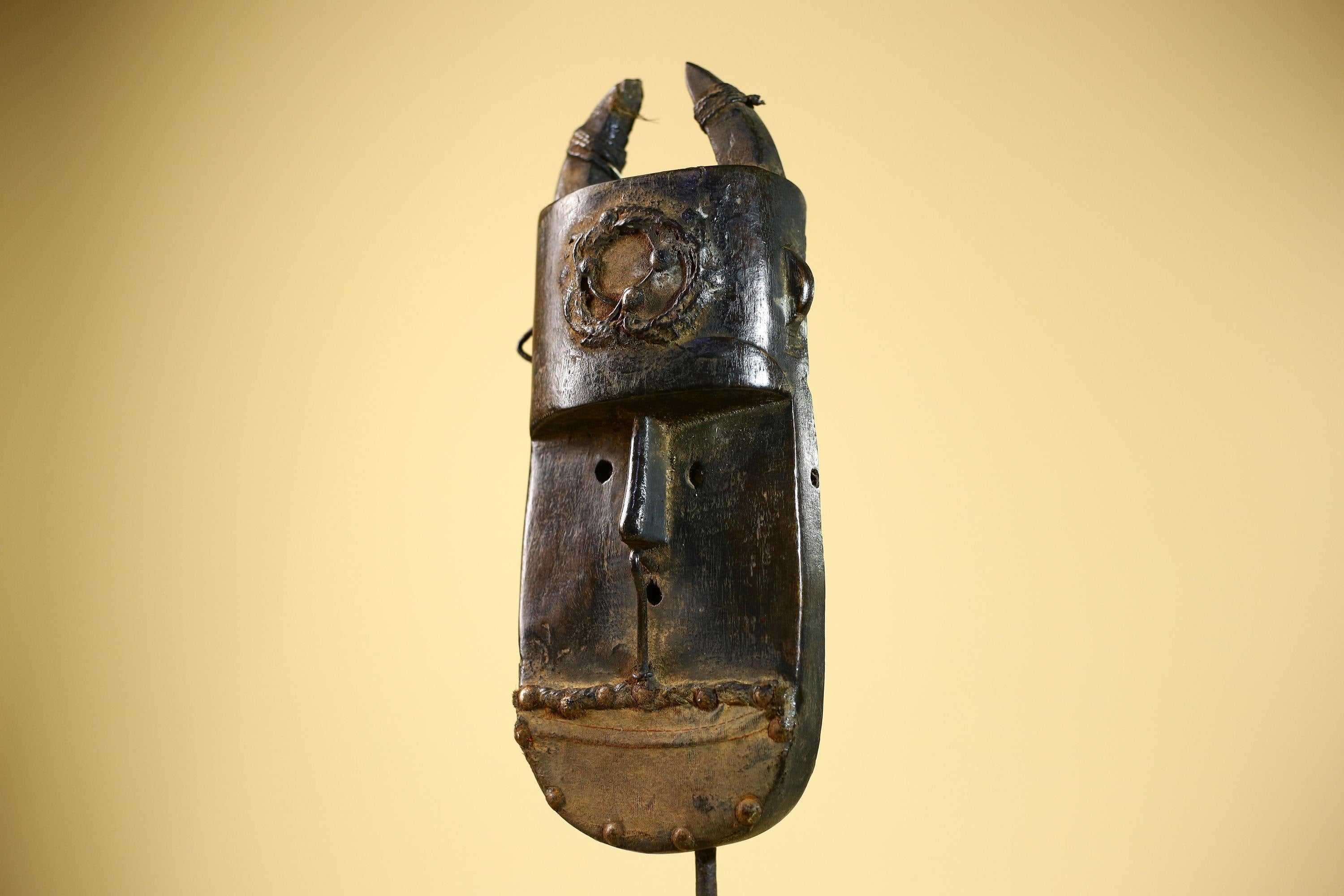 African Senufo Mask Carved Wood Horned Metal Studs Ivory Coast Tribal Art-G5840