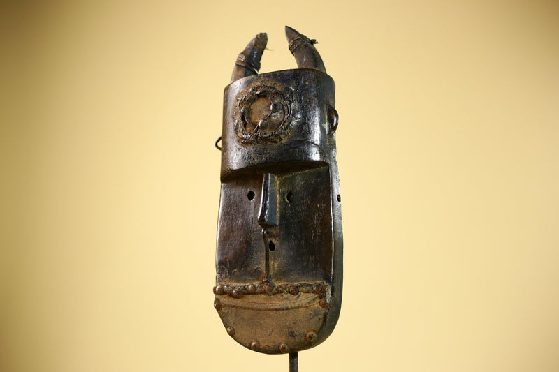 African Senufo Mask Carved Wood Horned Metal Studs Ivory Coast Tribal Art-G5840
