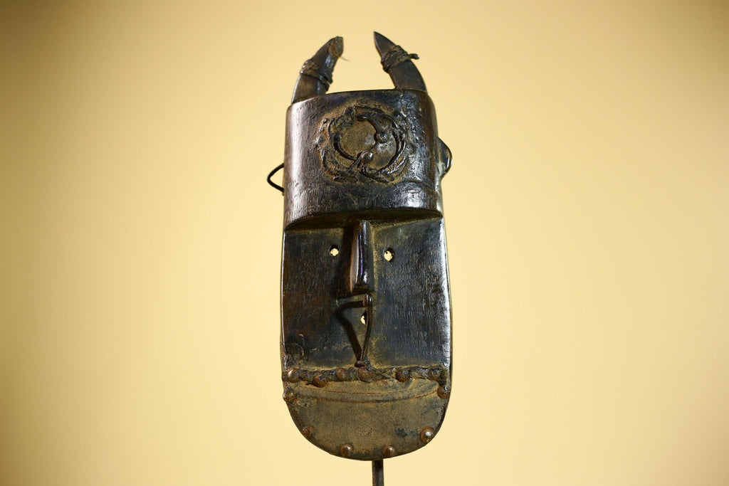 African Senufo Mask Carved Wood Horned Metal Studs Ivory Coast Tribal Art-G5840