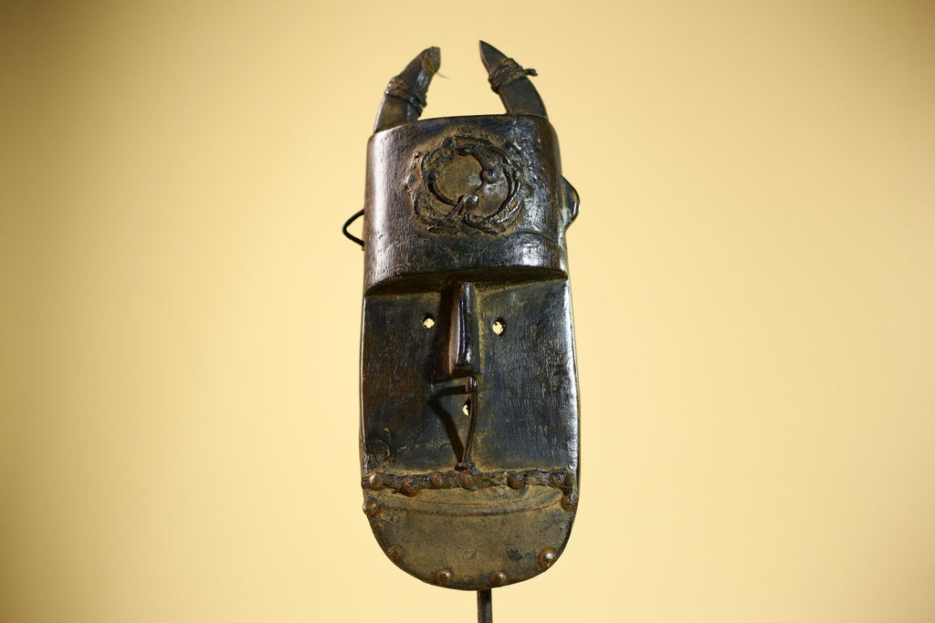 African Senufo Mask Carved Wood Horned Metal Studs Ivory Coast Tribal Art-G5840