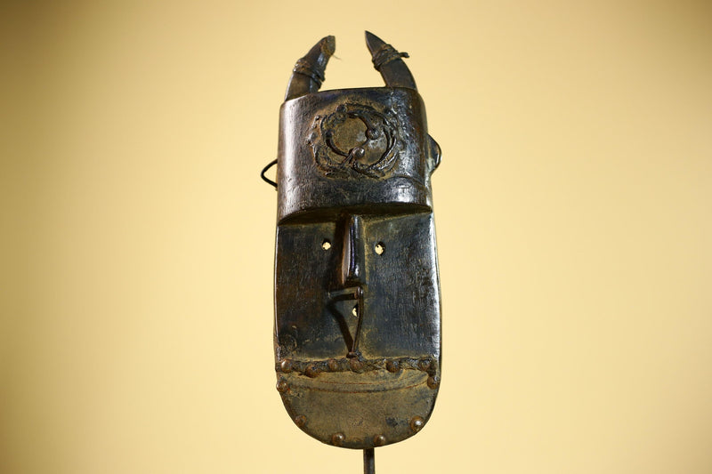 African Senufo Mask Carved Wood Horned Metal Studs Ivory Coast Tribal Art-G5840