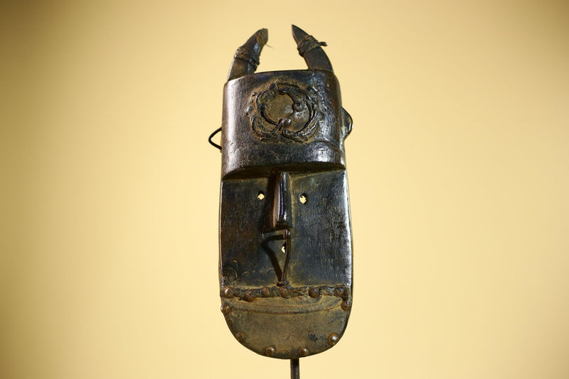 African Senufo Mask Carved Wood Horned Metal Studs Ivory Coast Tribal Art-G5840