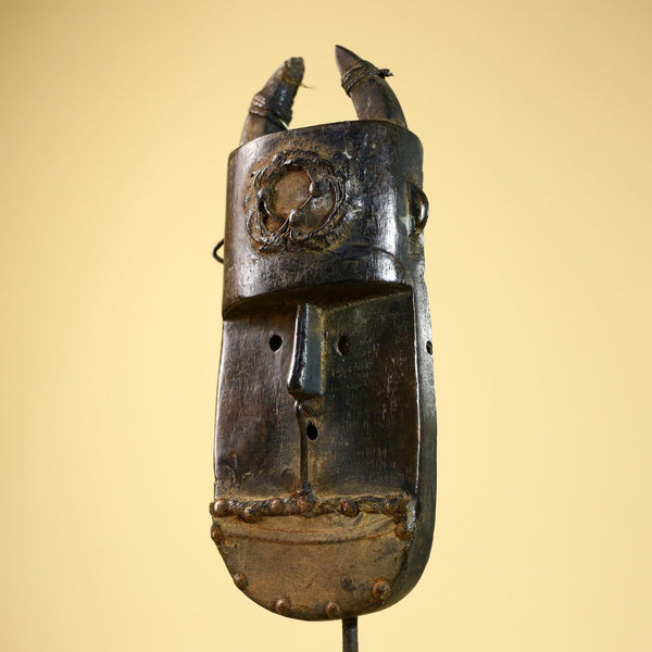 African Senufo Mask Carved Wood Horned Metal Studs Ivory Coast Tribal Art-G5840