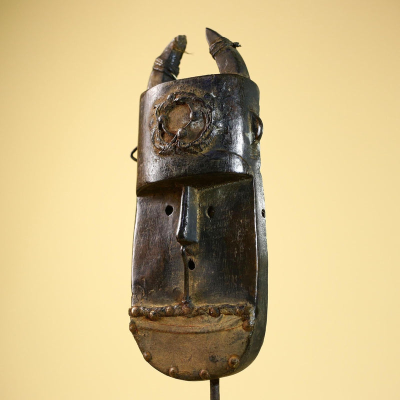 African Senufo Mask Carved Wood Horned Metal Studs Ivory Coast Tribal Art-G5840