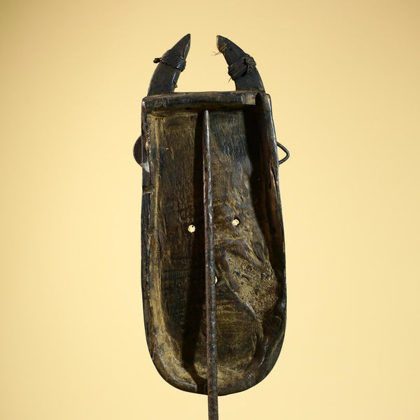 African Senufo Mask Carved Wood Horned Metal Studs Ivory Coast Tribal Art-G5840