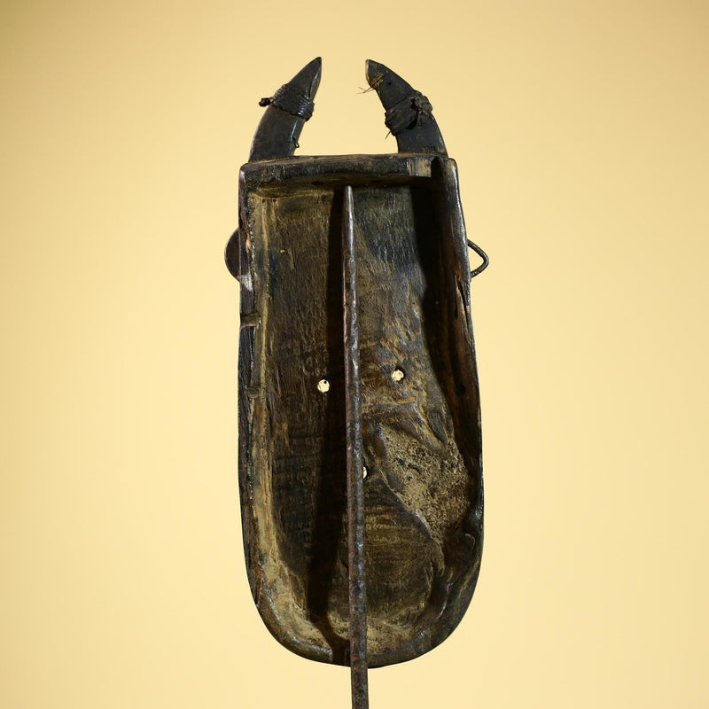 African Senufo Mask Carved Wood Horned Metal Studs Ivory Coast Tribal Art-G5840