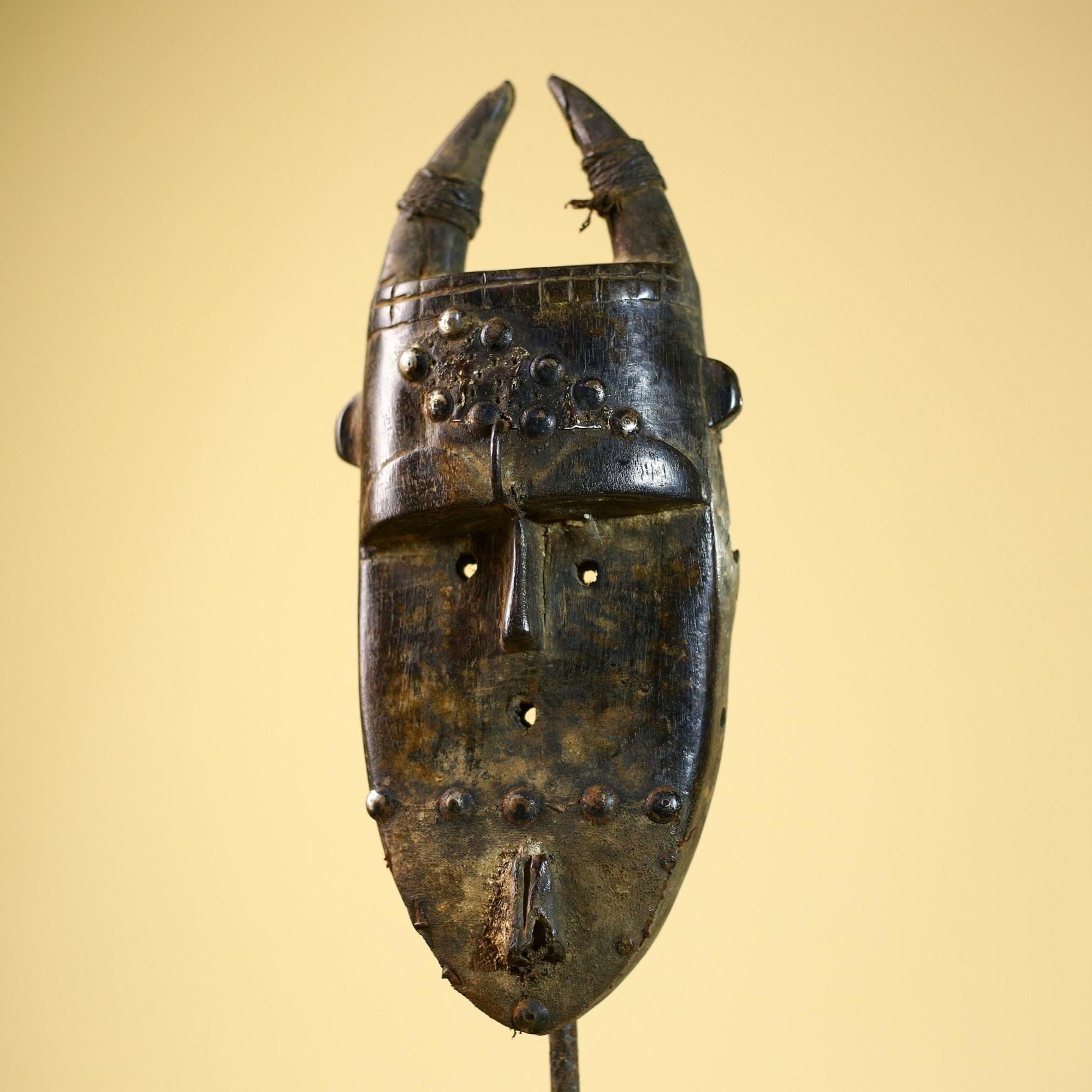 African Toma Mask Carved Wood Horn Crest Tribal Guinea Art Collectible Decor-G5841