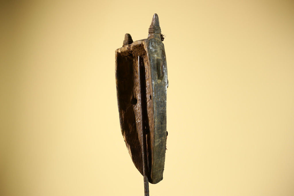 African Toma Mask Carved Wood Horn Crest Metal Detail Guinea Tribal Art Decor-G5842