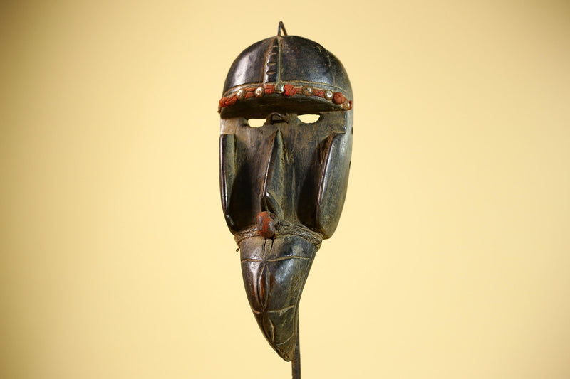 African Dan Mask Carved Wood Red Bead Beak Côte d’Ivoire Tribal Decor Collectible -G5845