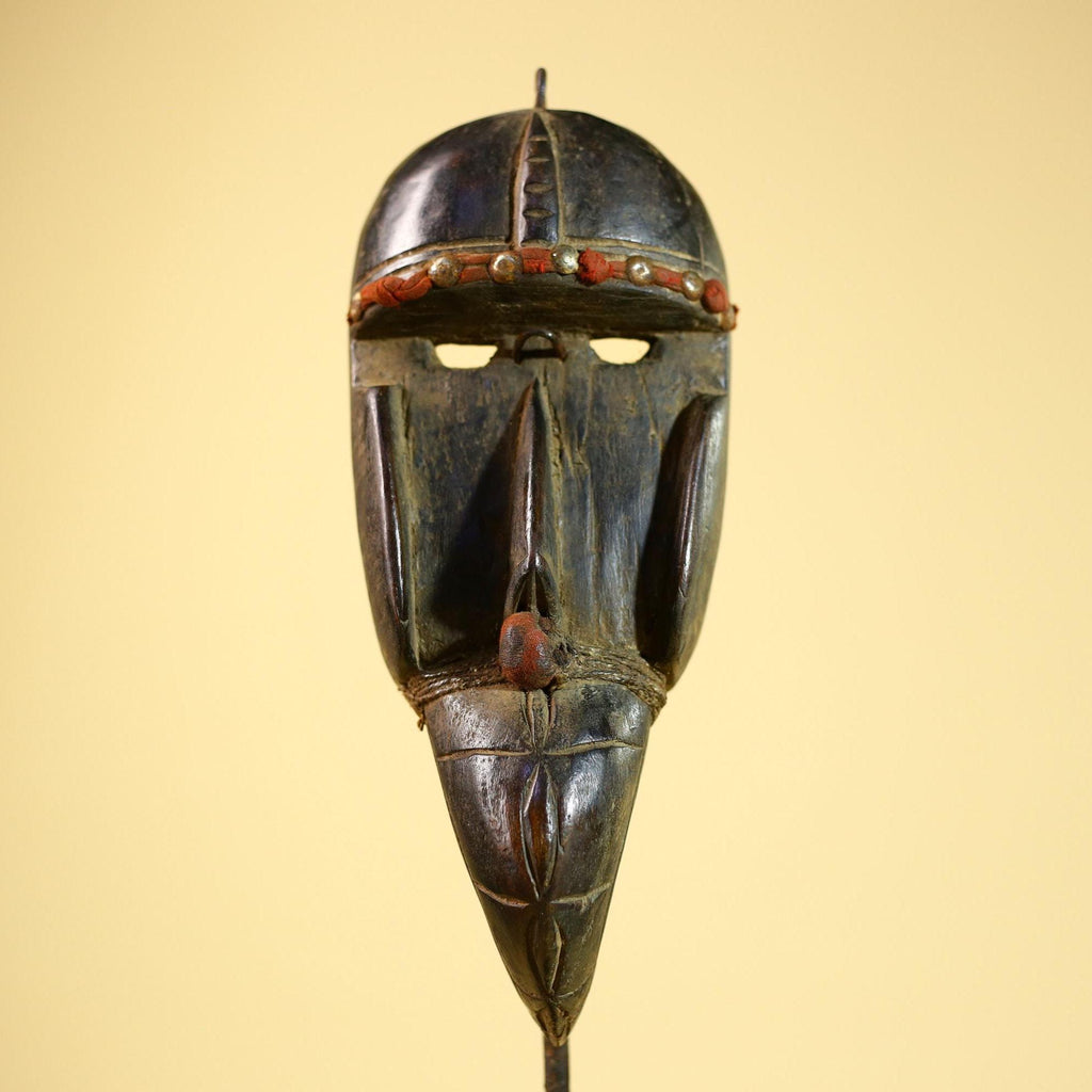 African Dan Mask Carved Wood Red Bead Beak Côte d’Ivoire Tribal Decor Collectible -G5845