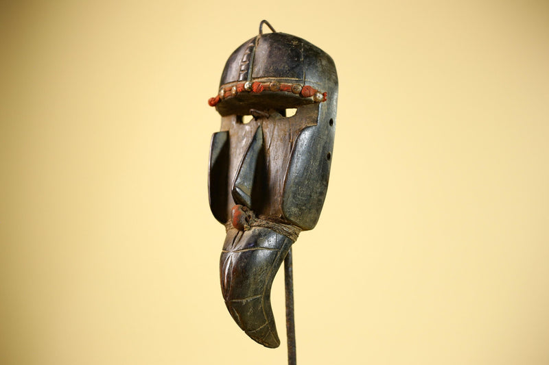 African Dan Mask Carved Wood Red Bead Beak Côte d’Ivoire Tribal Decor Collectible -G5845