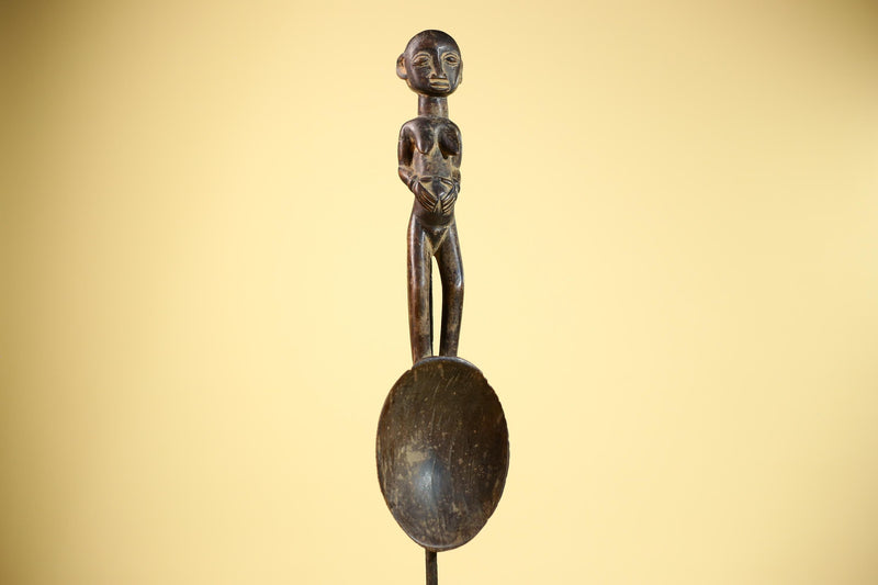 African Tribal Spoon Carved Wood Female Figure Côte d’Ivoire Art Decor-G5848