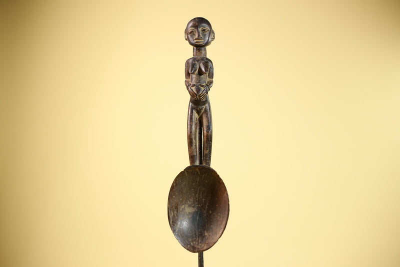 African Tribal Spoon Carved Wood Female Figure Côte d’Ivoire Art Decor-G5848