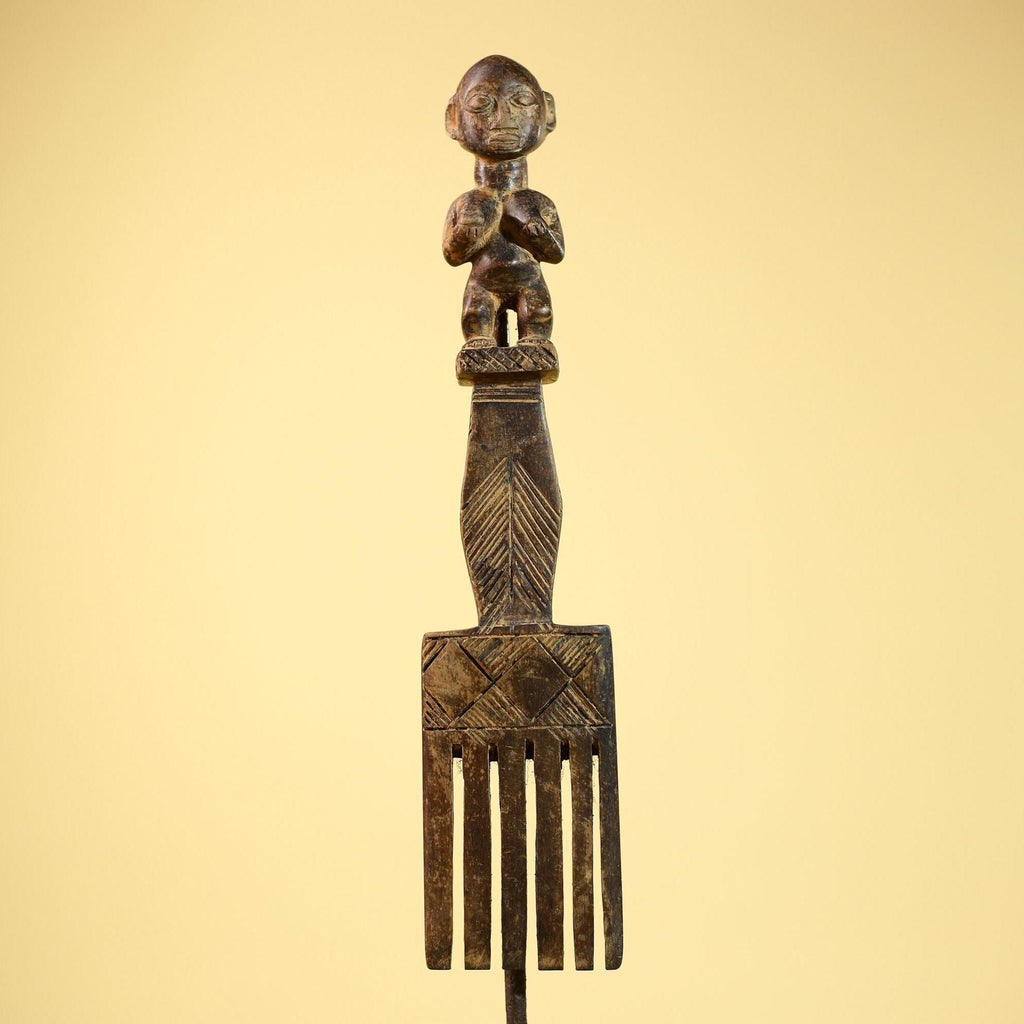 African Tribal Comb Carved Wood Male Figure Côte d’Ivoire Wall Decor-G5849