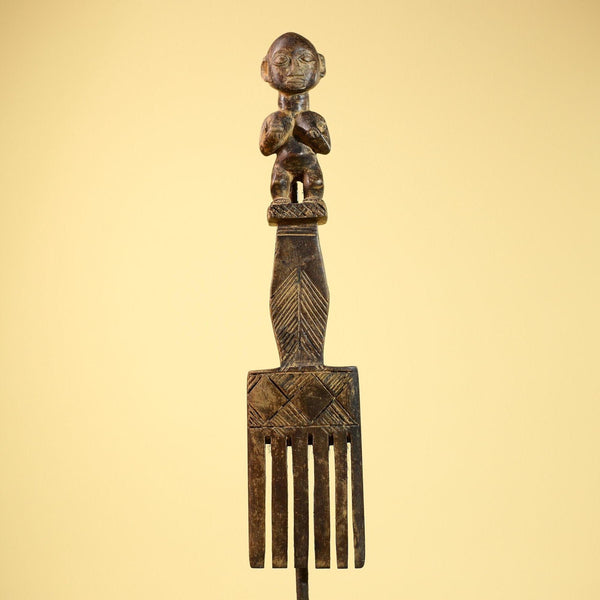 African Tribal Comb Carved Wood Male Figure Côte d’Ivoire Wall Decor-G5849