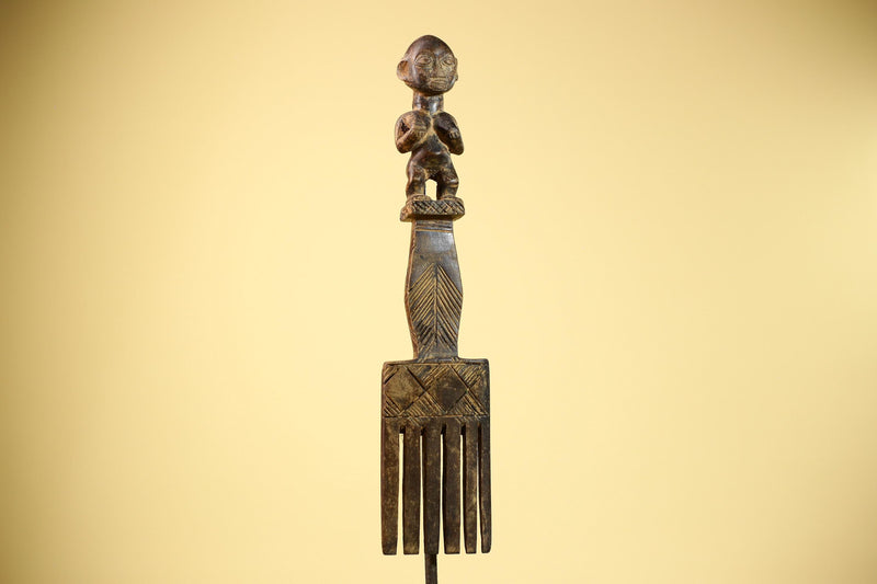 African Tribal Comb Carved Wood Male Figure Côte d’Ivoire Wall Decor-G5849