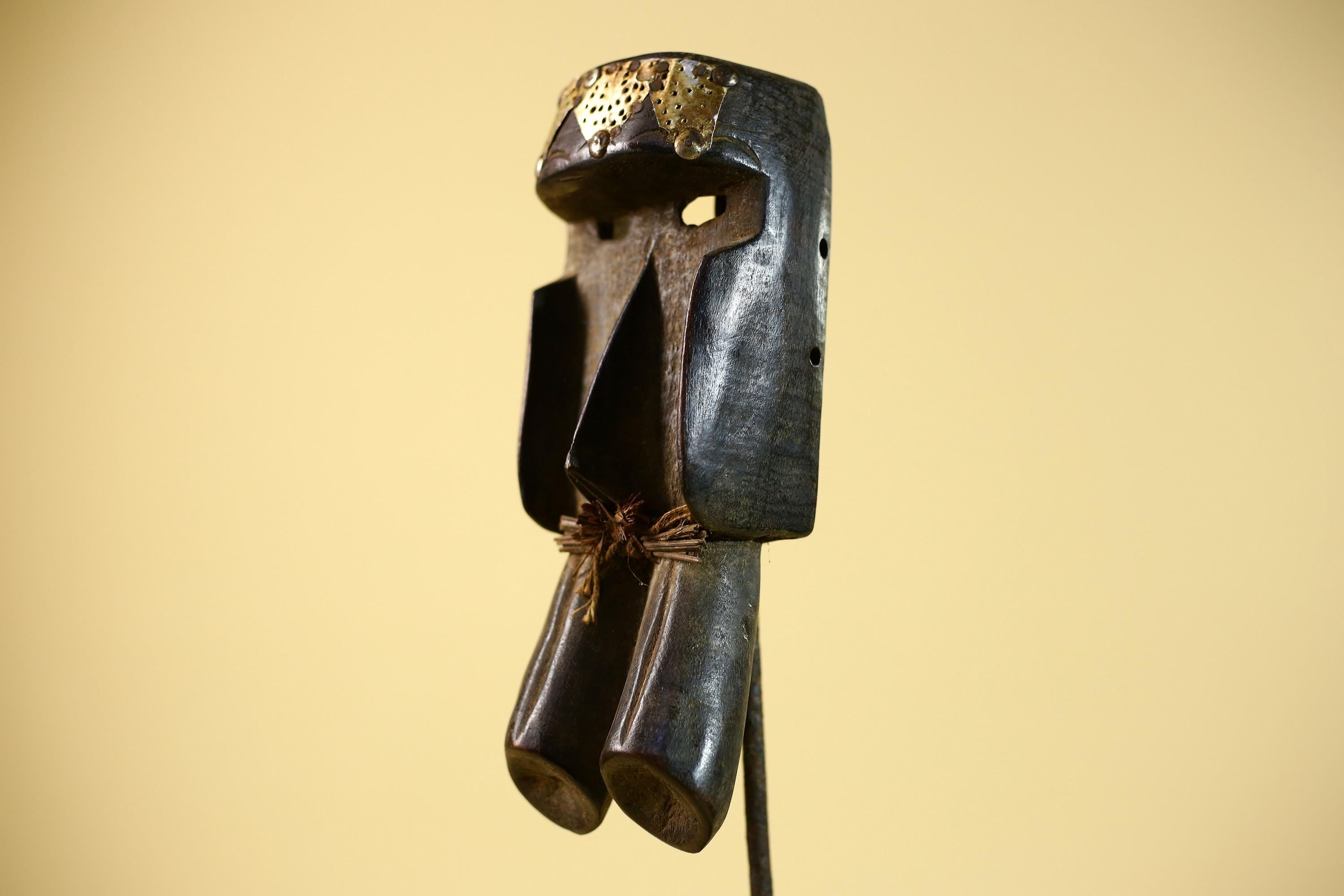 African Tribal Mask Brass Crown Carved Wood Dan Style Ivory Coast Art-G5854