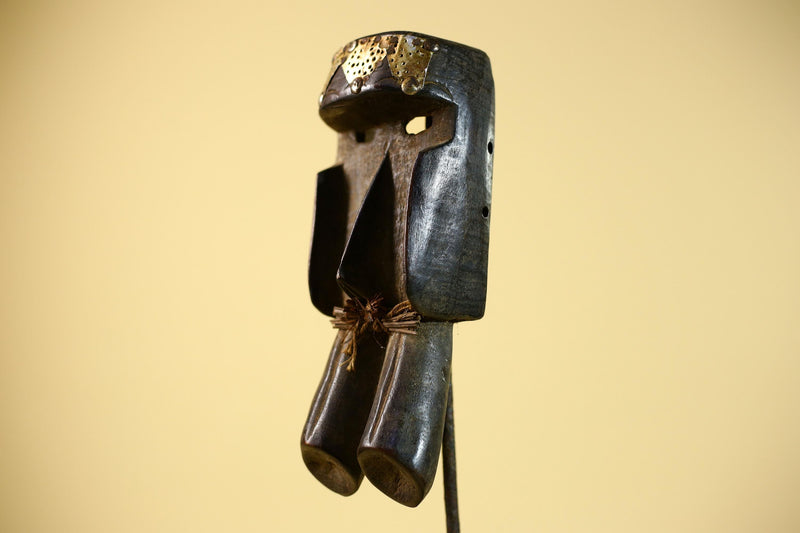 African Tribal Mask Brass Crown Carved Wood Dan Style Ivory Coast Art-G5854