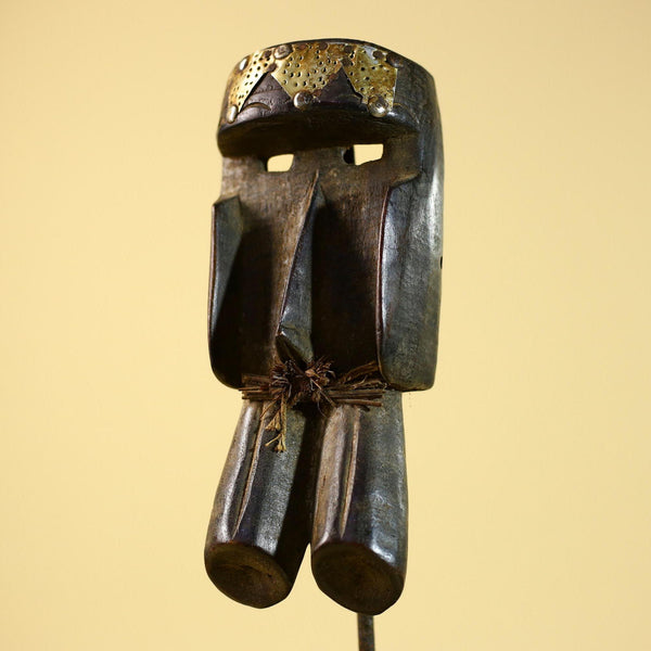African Tribal Mask Brass Crown Carved Wood Dan Style Ivory Coast Art-G5854