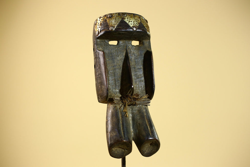 African Tribal Mask Brass Crown Carved Wood Dan Style Ivory Coast Art-G5854