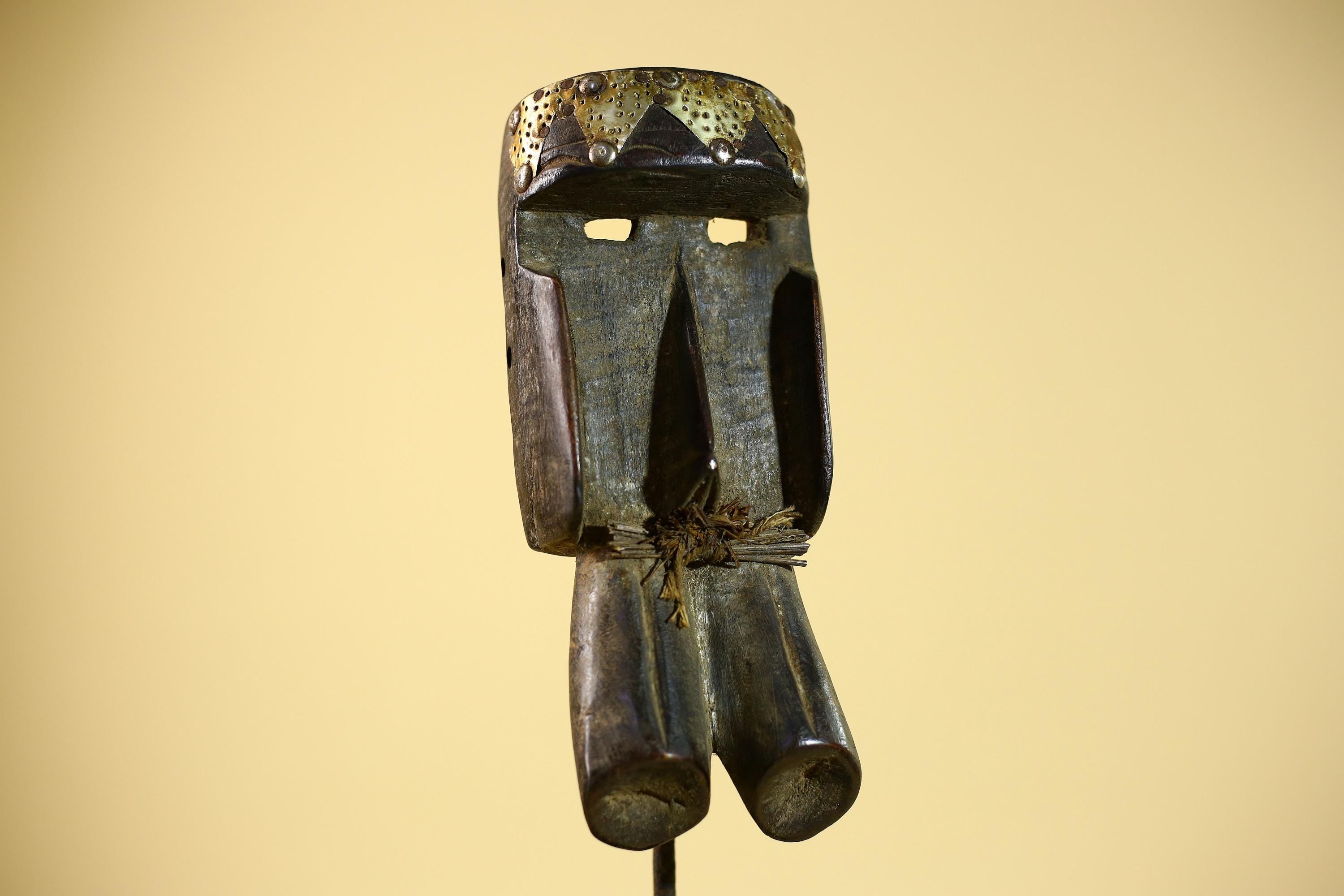 African Tribal Mask Brass Crown Carved Wood Dan Style Ivory Coast Art-G5854
