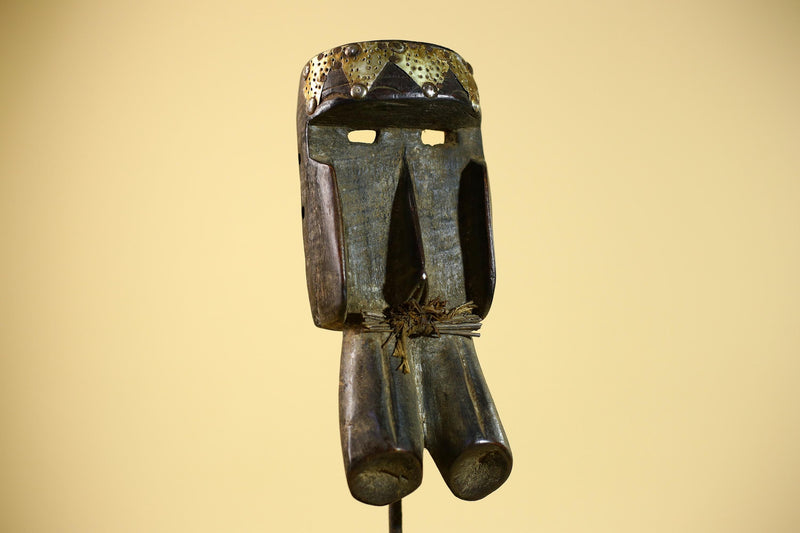 African Tribal Mask Brass Crown Carved Wood Dan Style Ivory Coast Art-G5854