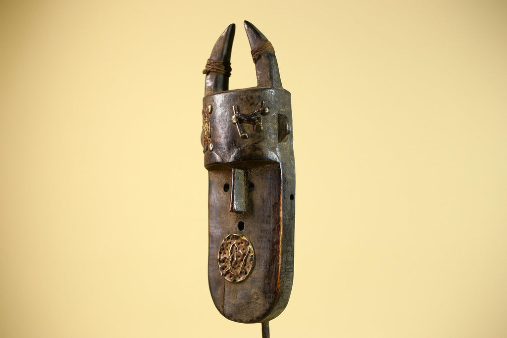African Tribal Mask Toma Horned Wood Metal Detail Guinea Wall Art Decor-G5857