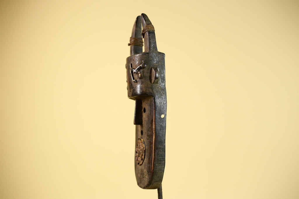 African Tribal Mask Toma Horned Wood Metal Detail Guinea Wall Art Decor-G5857