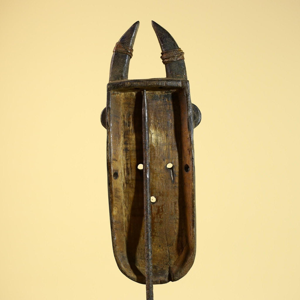 African Tribal Mask Toma Horned Wood Metal Detail Guinea Wall Art Decor-G5857