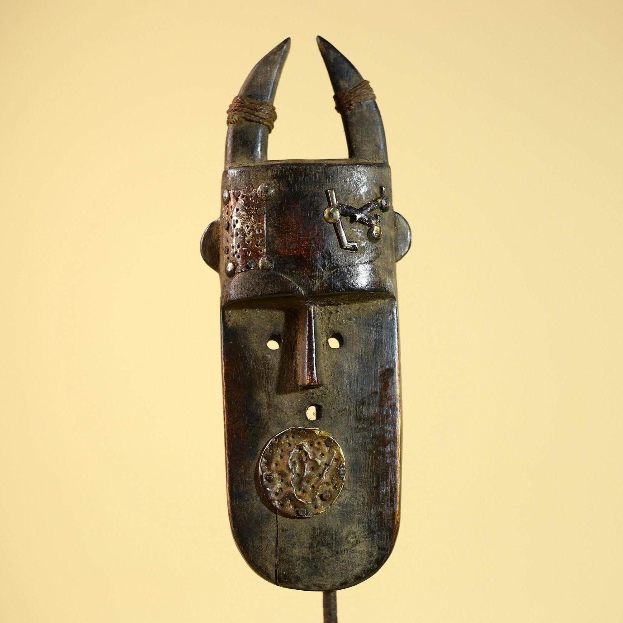 African Tribal Mask Toma Horned Wood Metal Detail Guinea Wall Art Decor-G5857