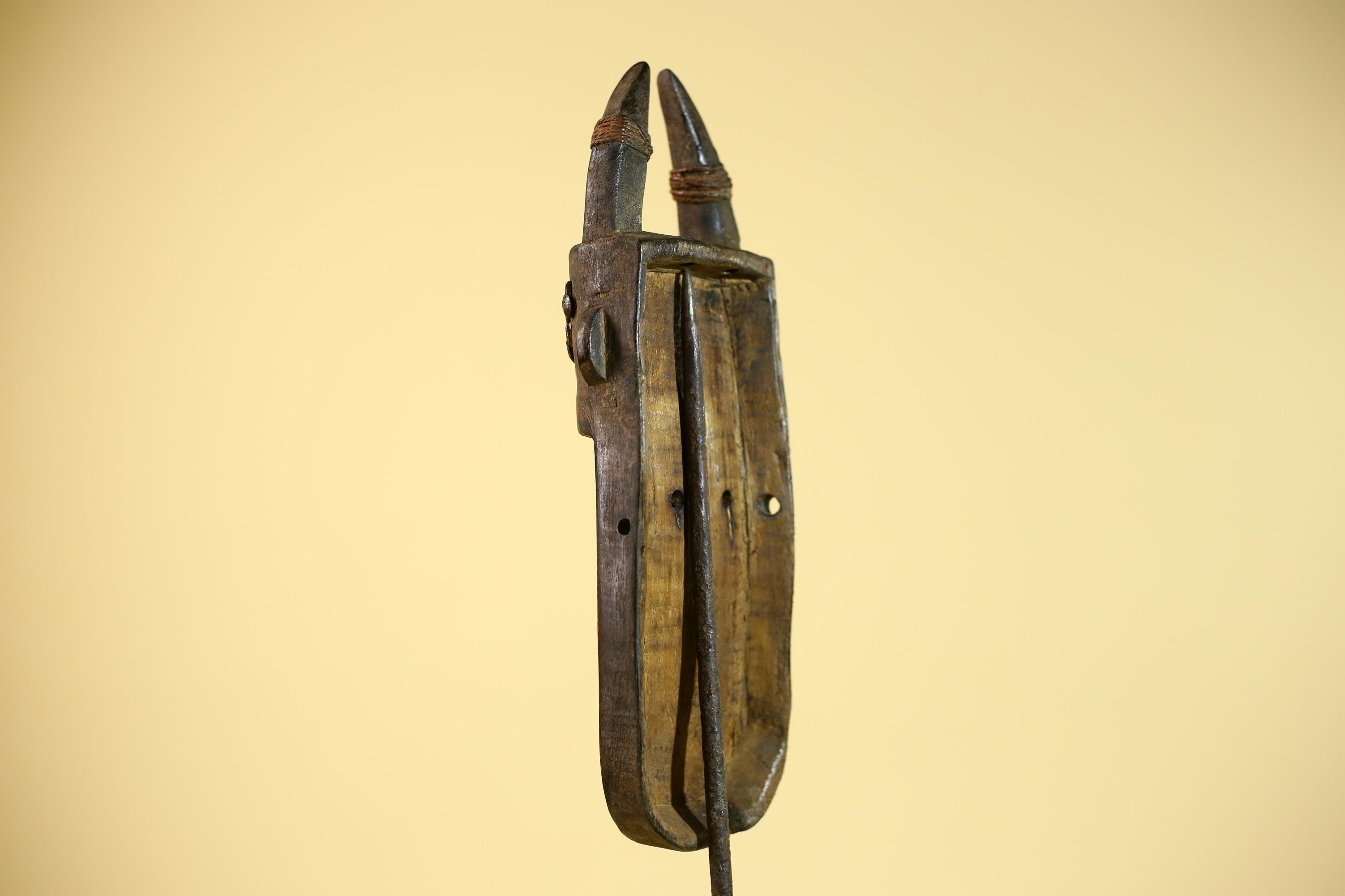 African Tribal Mask Toma Horned Wood Metal Detail Guinea Wall Art Decor-G5857