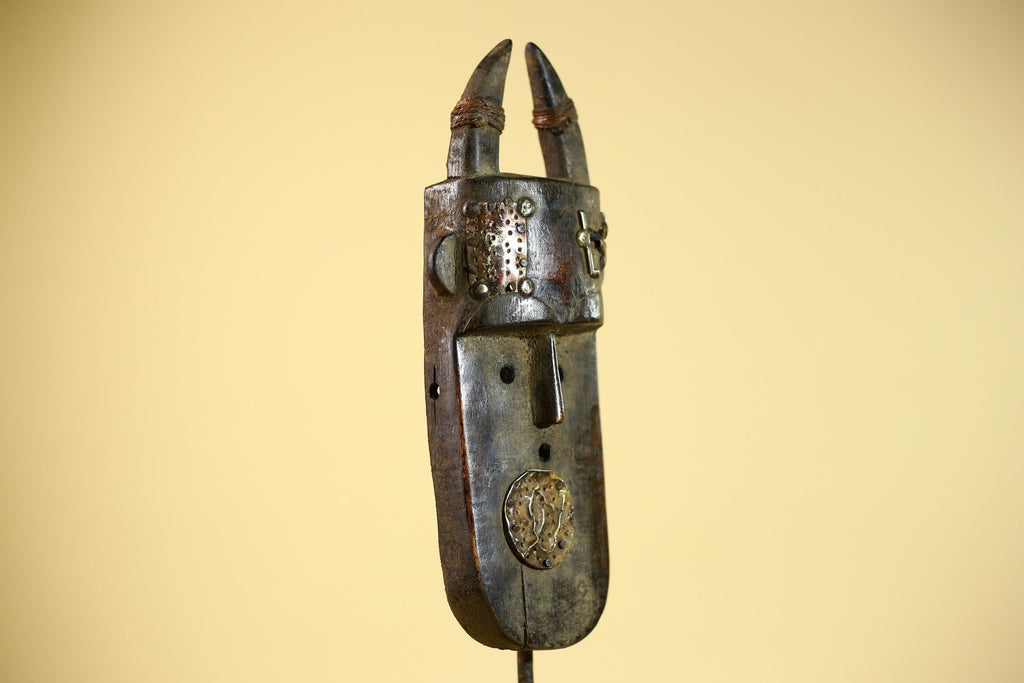 African Tribal Mask Toma Horned Wood Metal Detail Guinea Wall Art Decor-G5857