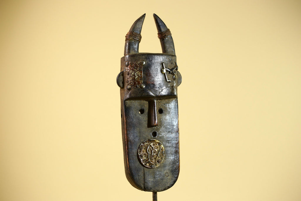 African Tribal Mask Toma Horned Wood Metal Detail Guinea Wall Art Decor-G5857