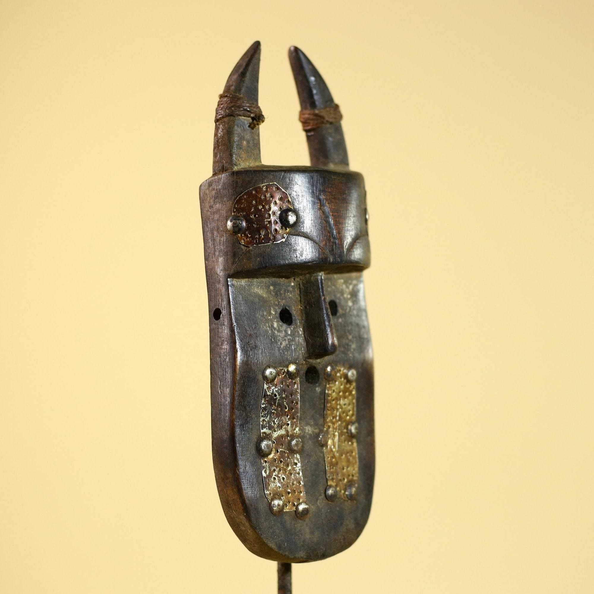 African Tribal Mask Toma Wood Metal Inlay Horned Guinea Wall Art Decor-G5858