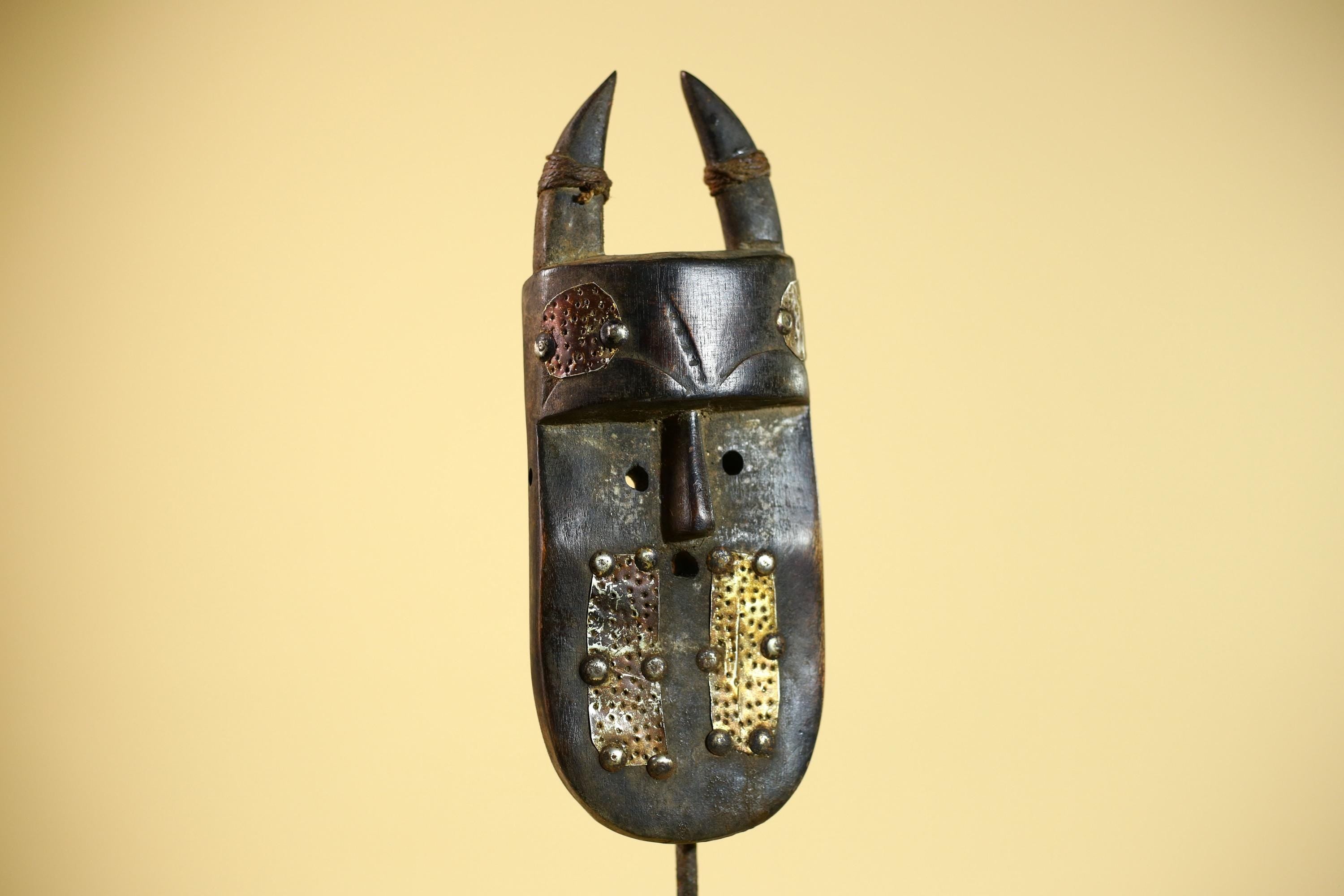 African Tribal Mask Toma Wood Metal Inlay Horned Guinea Wall Art Decor-G5858