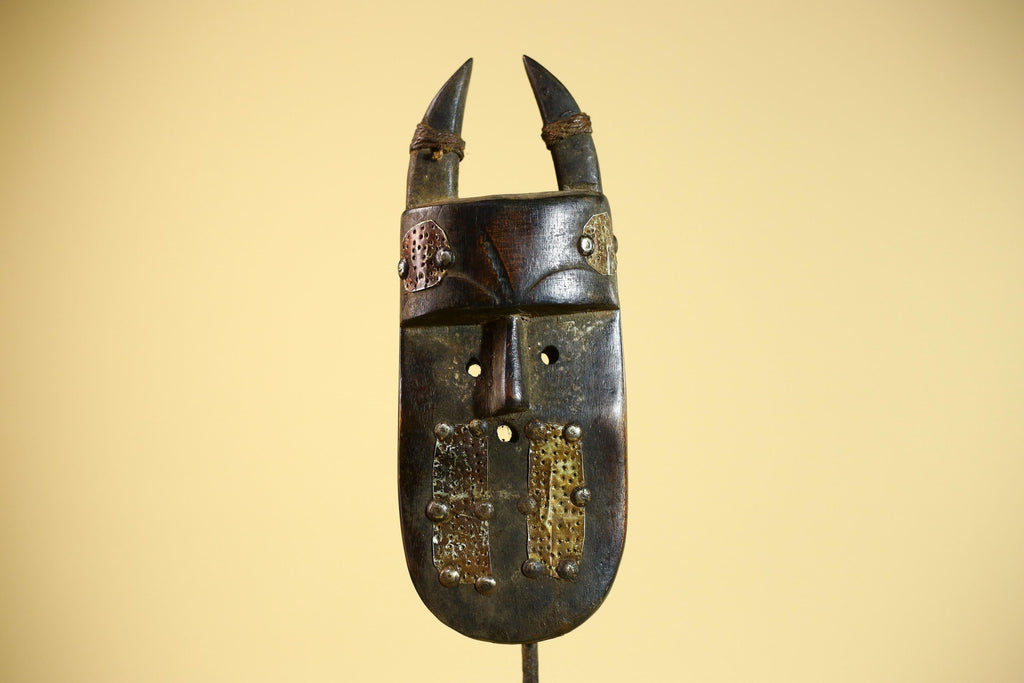 African Tribal Mask Toma Wood Metal Inlay Horned Guinea Wall Art Decor-G5858